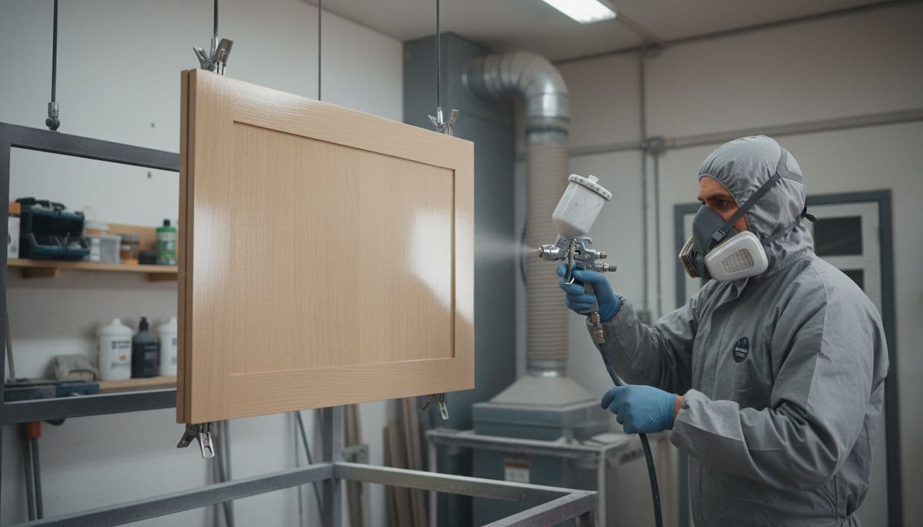 Professional contractor in a clean workshop spraying a smooth, even finish on a kitchen cabinet door, wearing protective gear, focused spraying action with high detail on paint mist and wood surface.