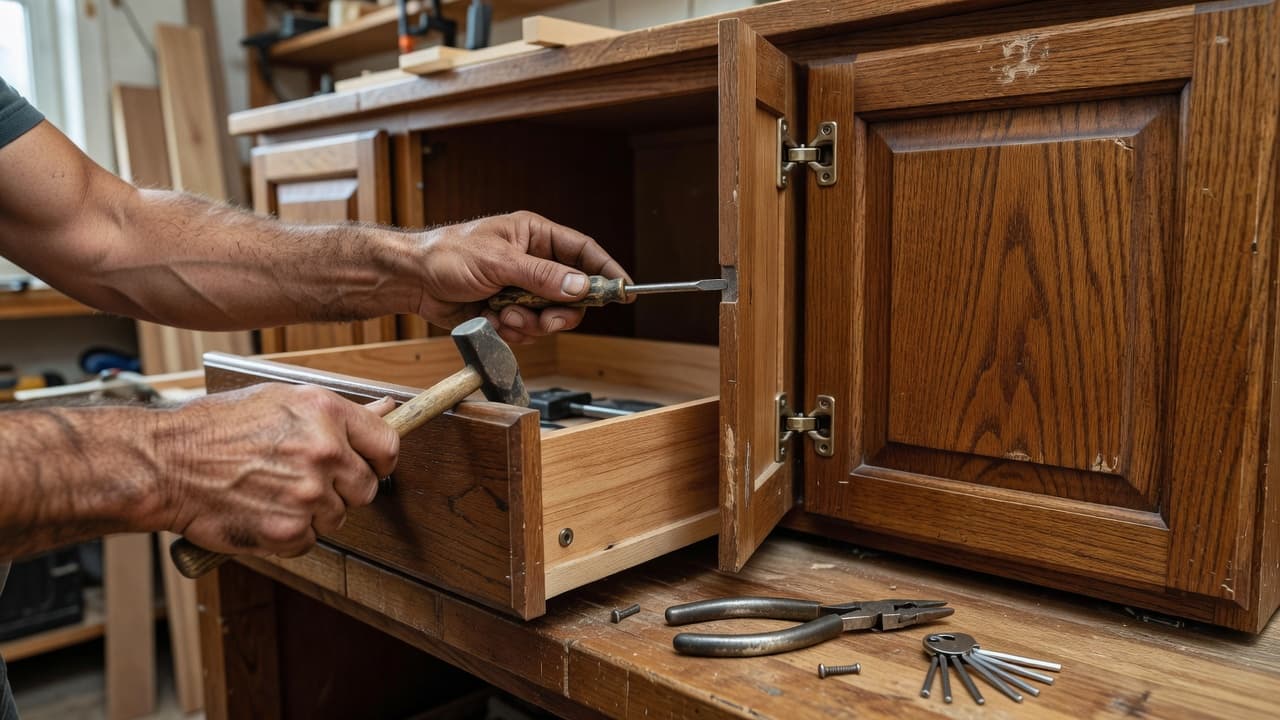 A close-up shot captures a technician using a screwdriver to adjust the hinge of a kitchen cabinet door. The scene highlights precise manual work with focus on the metallic hardware components.