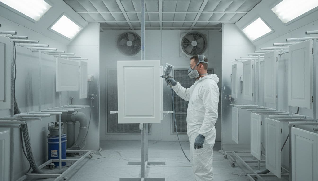 A professional technician applies a thin, even coat of low-VOC paint to refinished kitchen cabinet doors using a spray gun in a controlled workshop with organized racks and bright lighting.