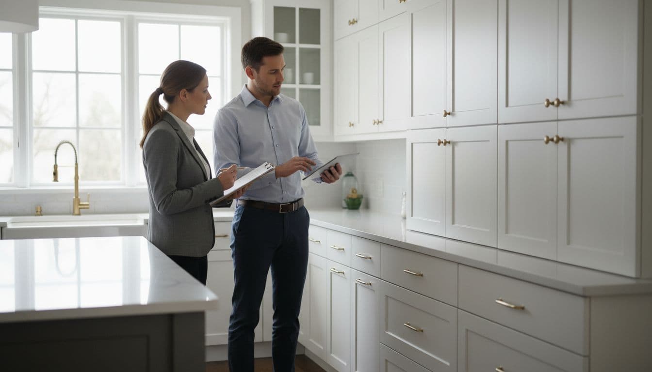 Two professionals stand in a kitchen holding clipboard and tablet while examining cabinets.