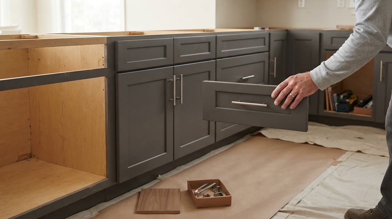 Refaced kitchen cabinets with new wood doors, hardware, and a veneer sample nearby.