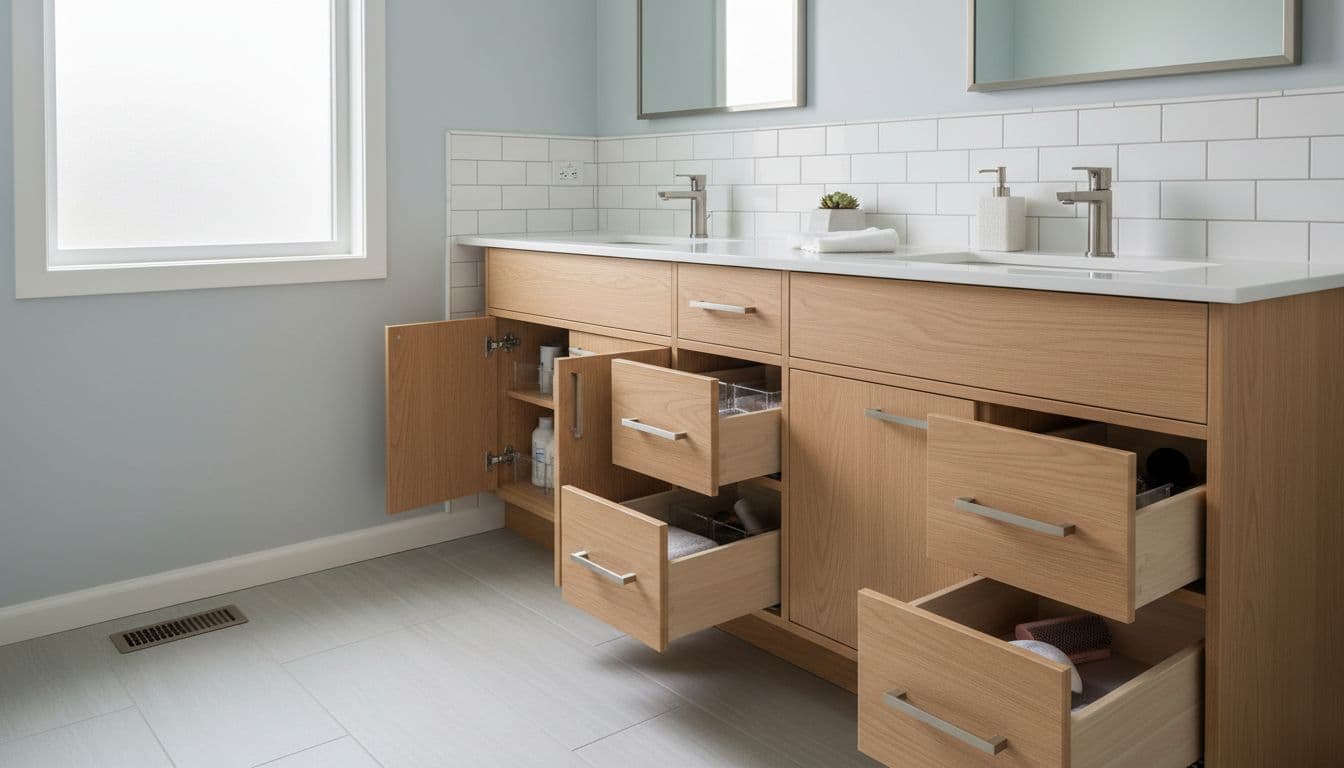 Clean functional bathroom showcasing refaced double-sink vanity in light oak veneer with soft-close drawers slightly open displaying organization, brushed nickel hardware, and white subway tile backsplash under natural daylight.