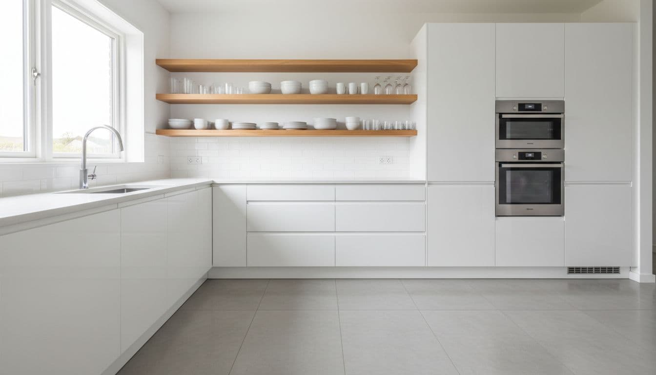 Modern kitchen showcasing freshly refinished glossy white cabinets after professional restoration, with open shelves displaying organized dishes and bright natural light from a window in a wide-angle realistic photo.