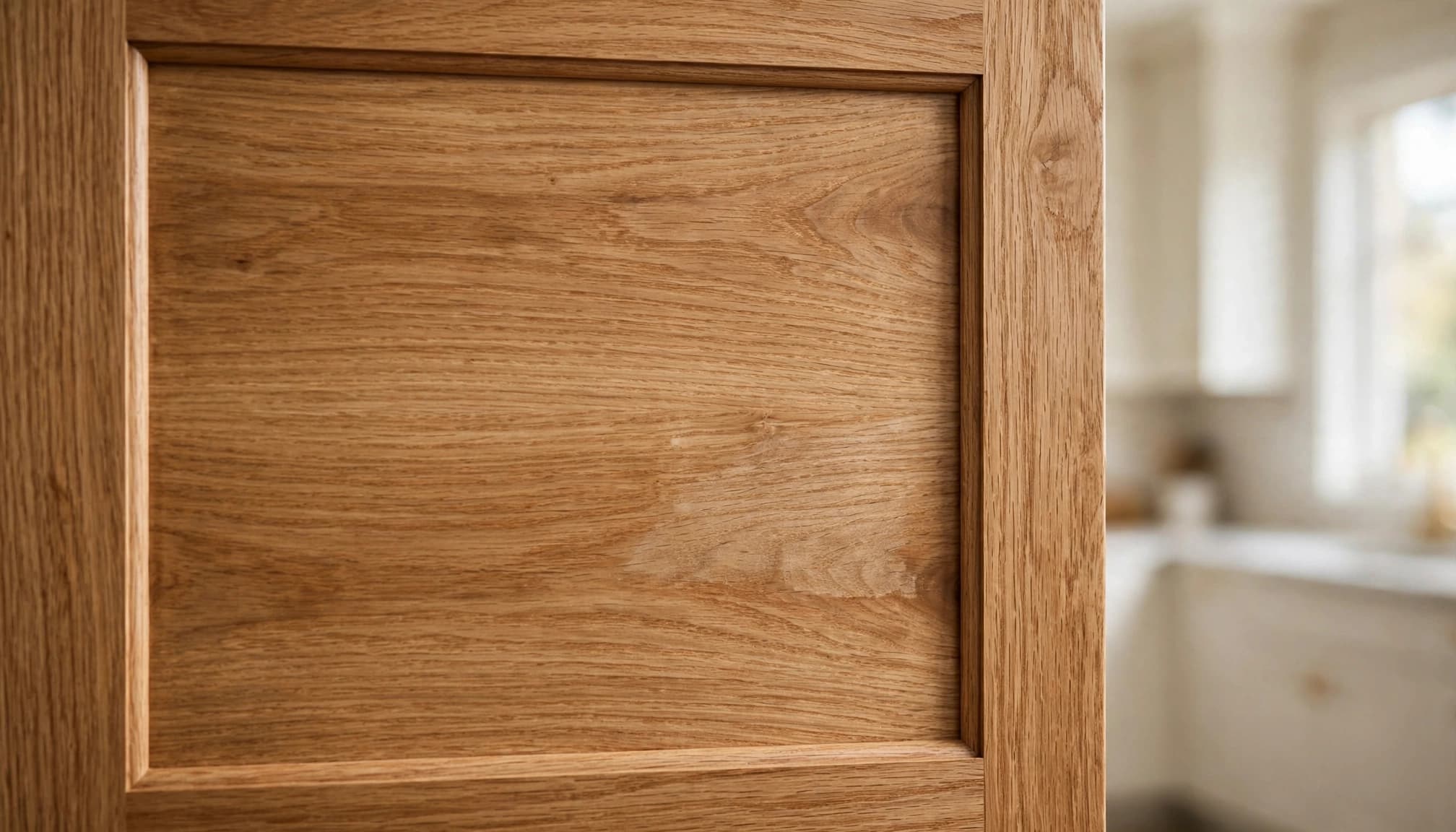 Close-up of a cabinet door with a blended wood veneer repair.