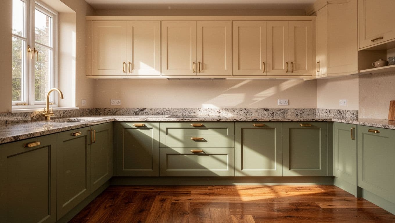 Modern kitchen with sage green lower cabinets, cream upper cabinets, granite countertops, brass hardware, wooden floors, and natural window light.