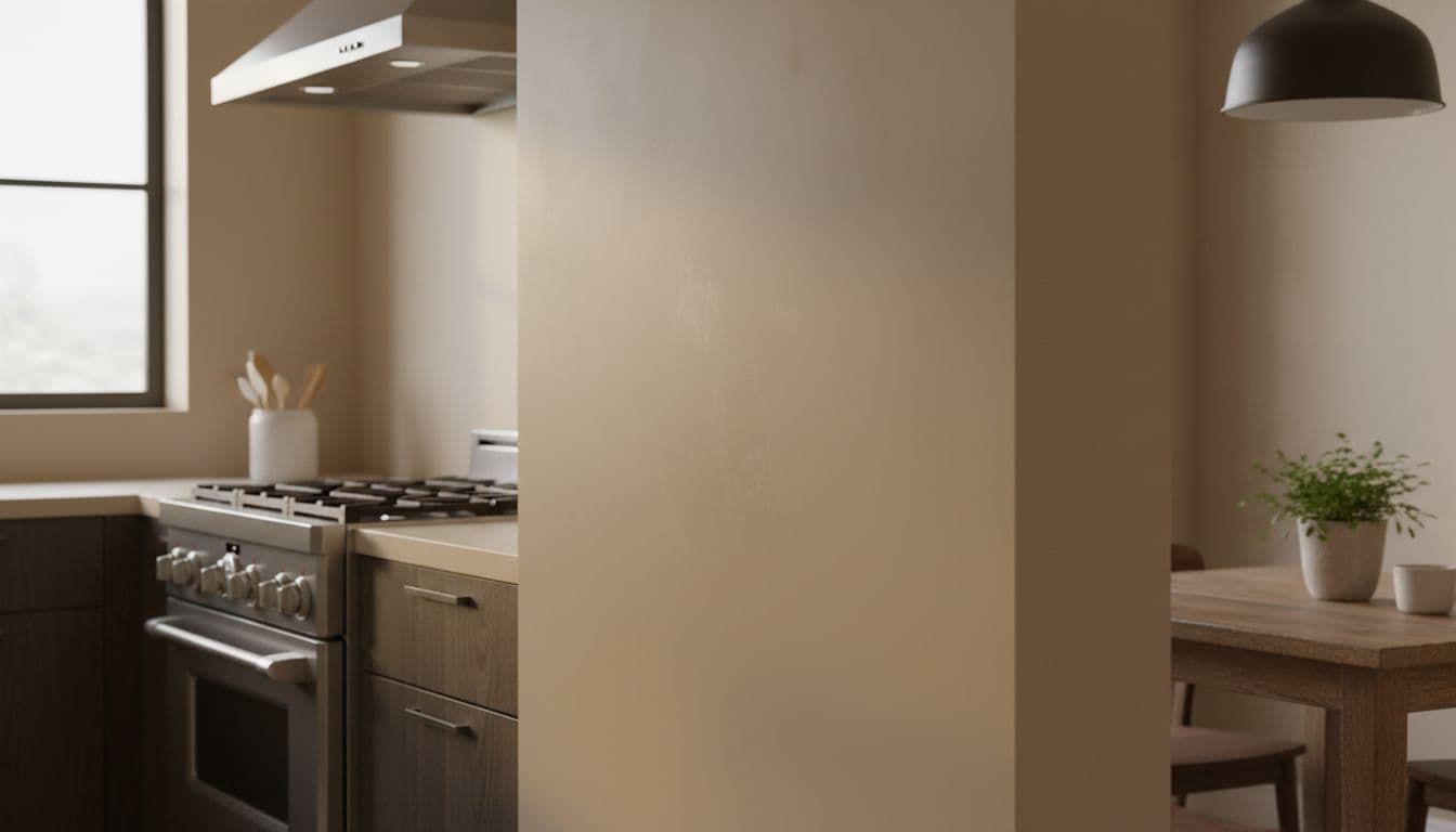 Kitchen wall with satin finish paint near stove shows subtle shine and faint wiped marks beside modern appliances and wooden table.