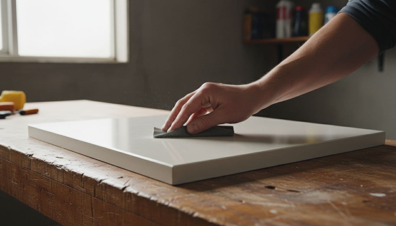 Kitchen cabinet door laid flat on a wooden workbench in a garage, with one hand holding 220-grit sandpaper lightly scuffing the glossy surface to prepare for refinishing, under natural daylight.