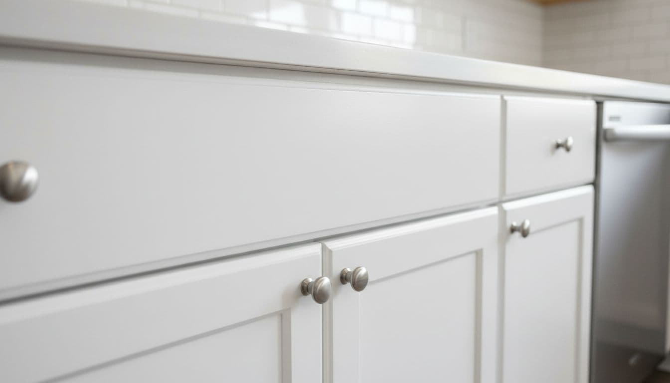 Close-up of white kitchen cabinets with glossy smooth finish, even color, and sharp edges around hardware.
