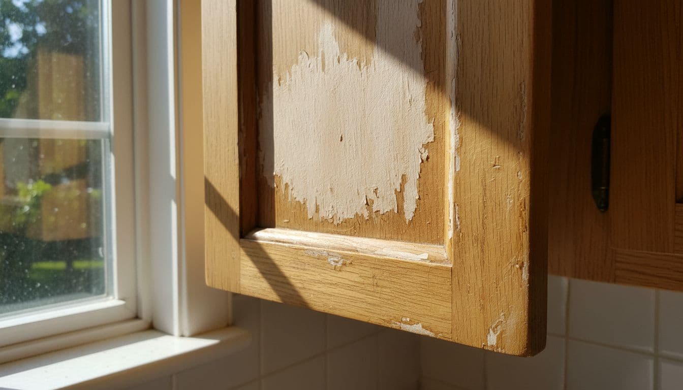 Realistic close-up photo of a wooden kitchen cabinet door with sun-bleached faded spots, uneven yellowed finish from UV exposure near a window, worn corners, and peeling clear coat edges highlighted by bright light shadows.