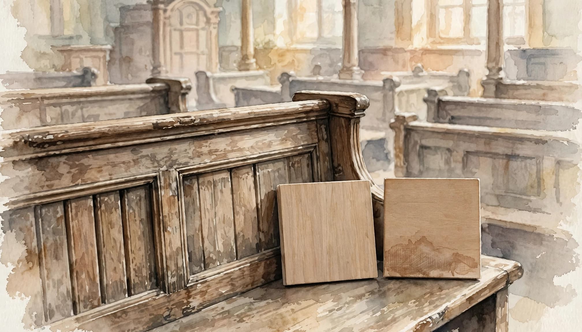 A watercolor illustration of wooden finish sample boards on an old synagogue bench.