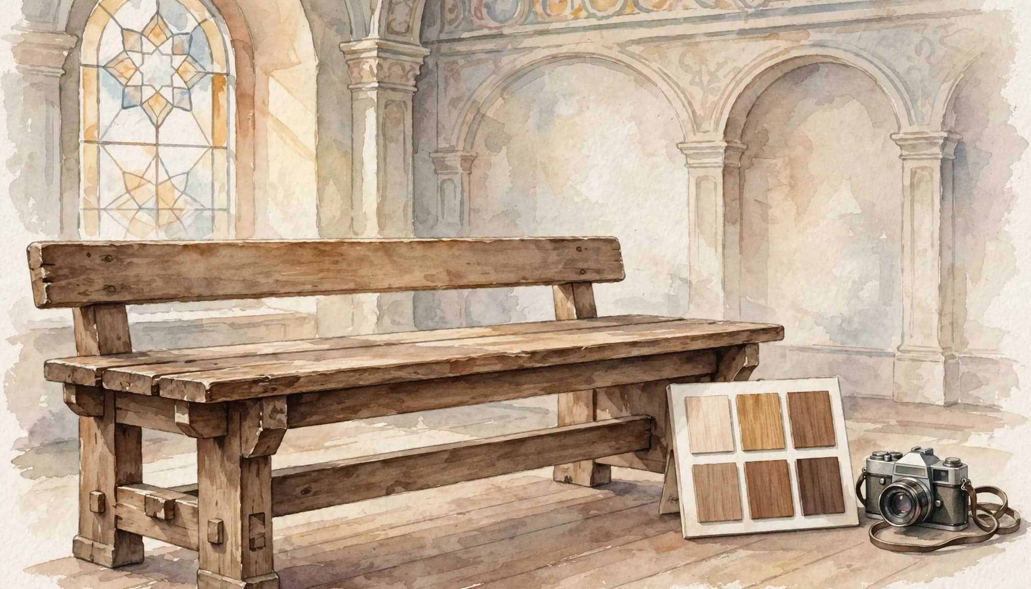 Watercolor illustration of a wooden bench, a wood finish sample board, and a camera inside a synagogue.