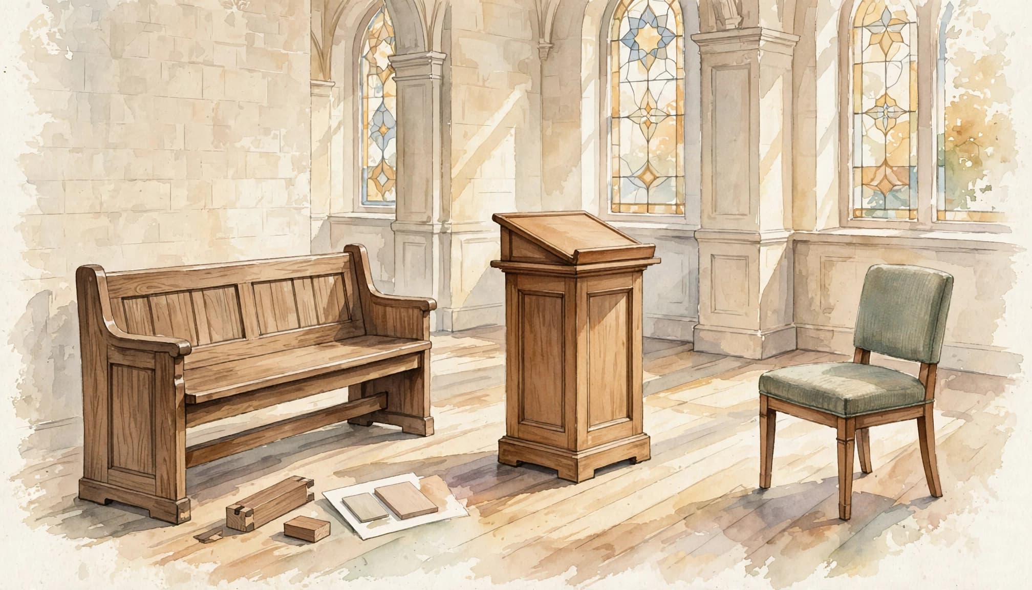 Watercolor illustration of a synagogue sanctuary interior with a wooden bench, lectern, and chair.