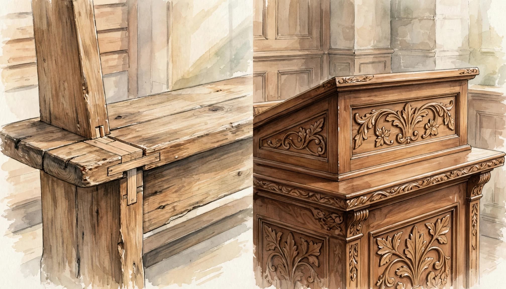 A watercolor illustration of a wooden bench joint and an ornate carved wooden lectern.