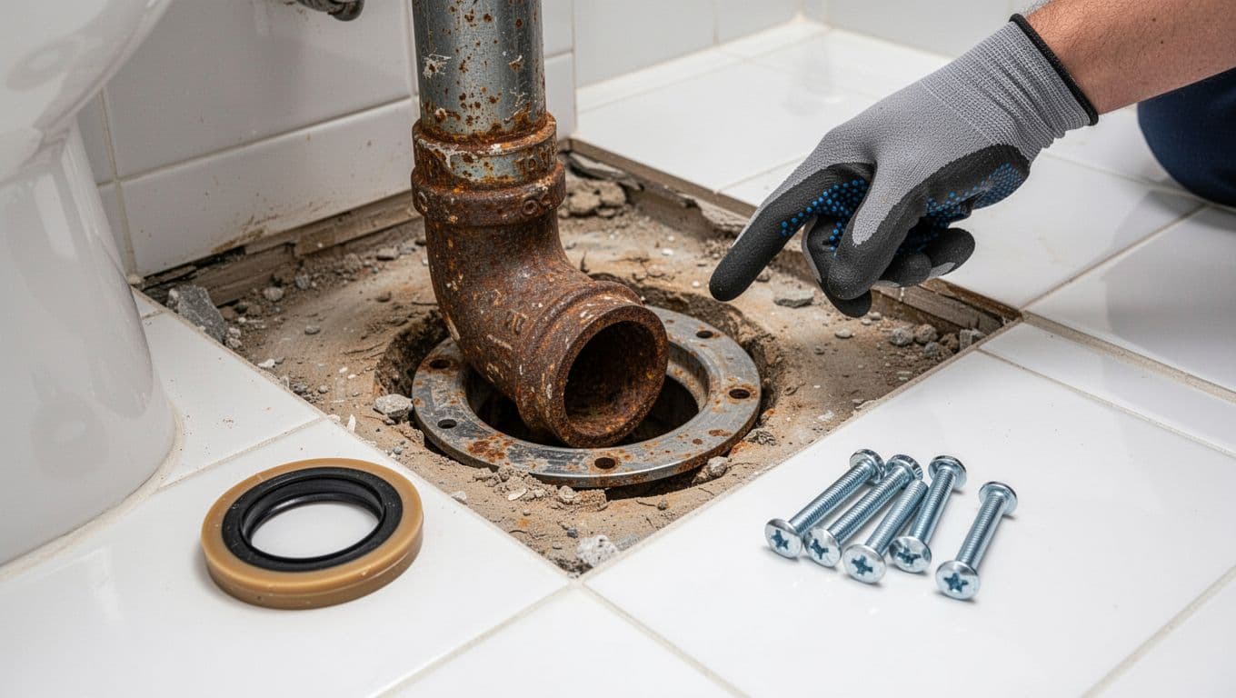 Close-up detailed view of toilet flange inspection and repair in bathroom subfloor, showing old rusty cast iron drain pipe and new wax ring gasket bolts nearby, with plumber's gloved hand pointing.