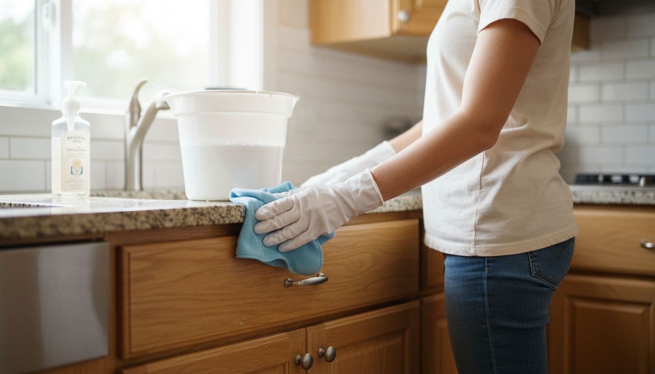 Person in casual clothes and gloves wiping down light oak kitchen cabinets with a damp microfiber cloth and mild soap bucket nearby in a sunny home kitchen.