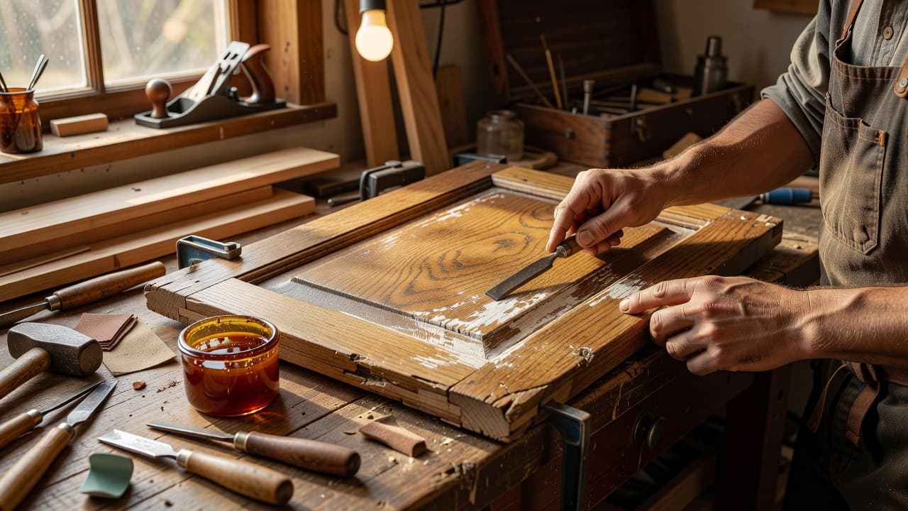 A craftsman's hands carefully stabilize a damaged wooden cabinet door with precision tools in a warm, dimly lit workshop. Sawdust particles catch the glow of overhead lights near the workbench.