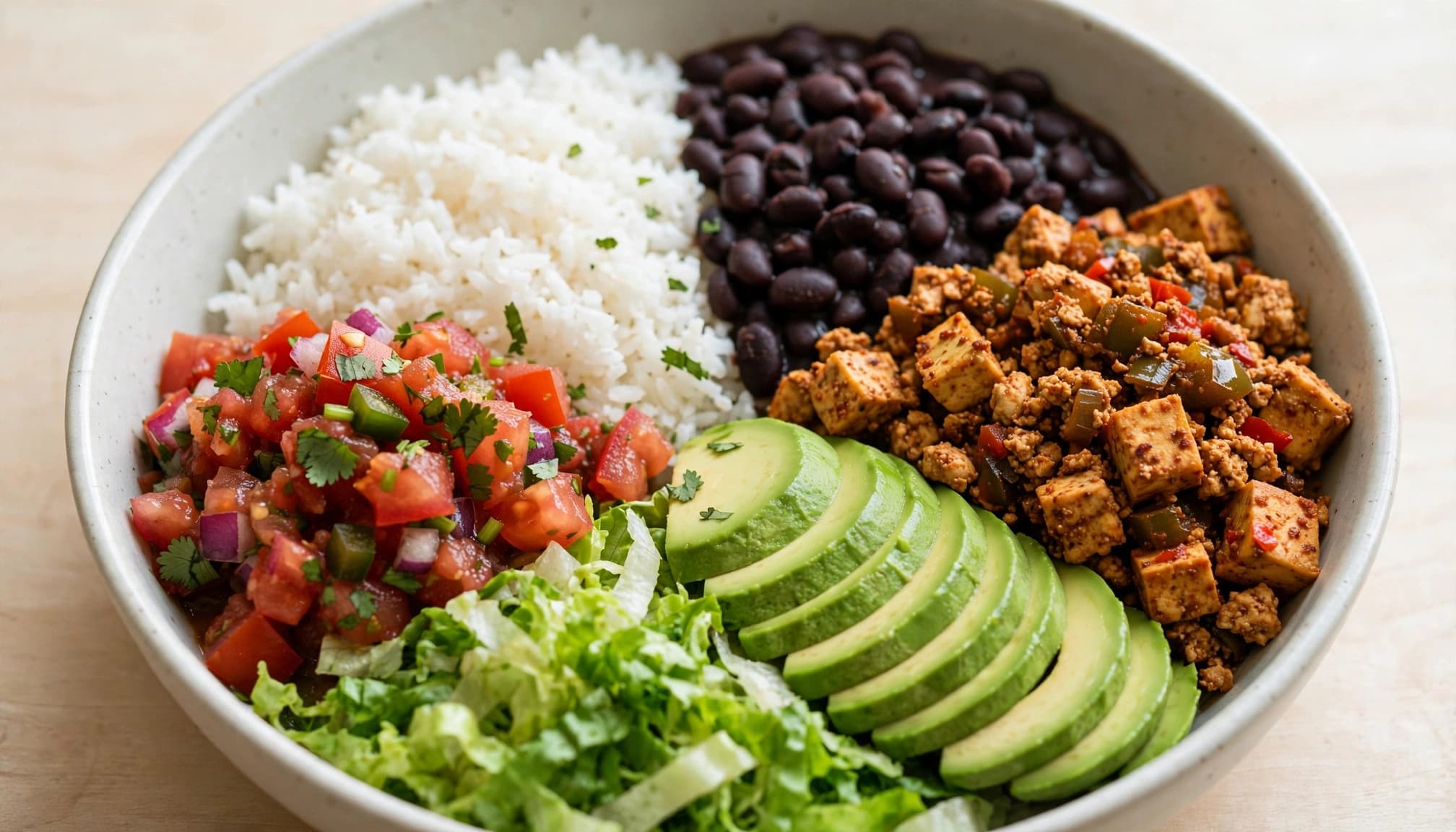 A ceramic bowl filled with rice, black beans, salsa, shredded lettuce, avocado slices, and tofu.