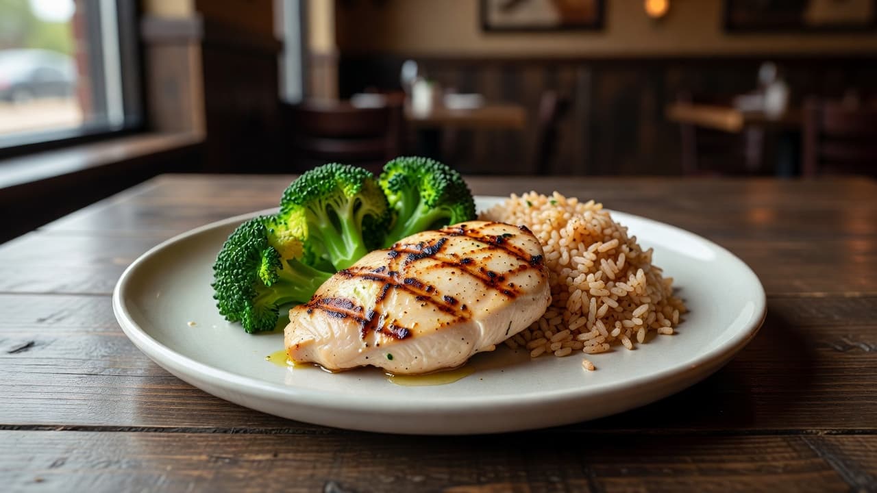 A neatly plated grilled chicken breast rests on a white ceramic dish alongside vibrant steamed vegetables and a side of seasoned rice. Natural light emphasizes the succulent textures and fresh ingredients.