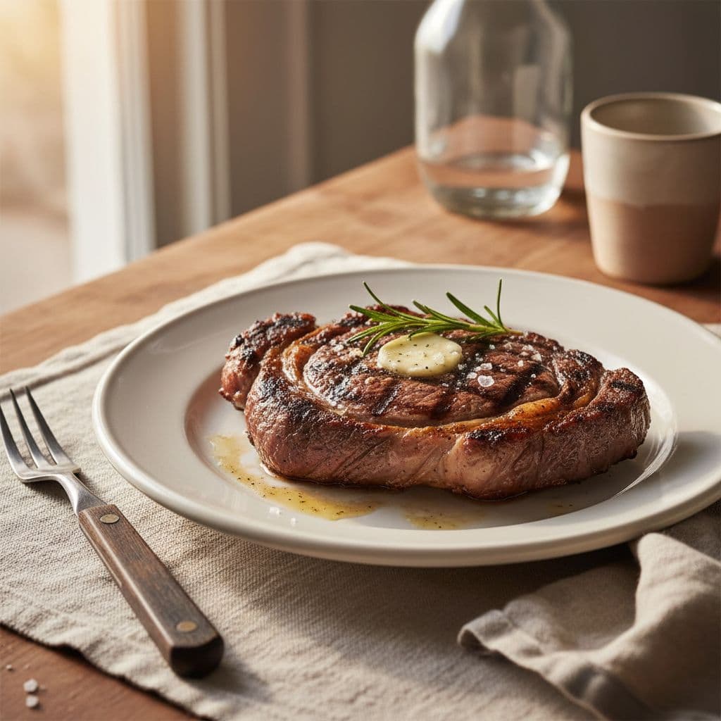 A single seasoned ribeye steak rests on a white plate in a rustic setting.