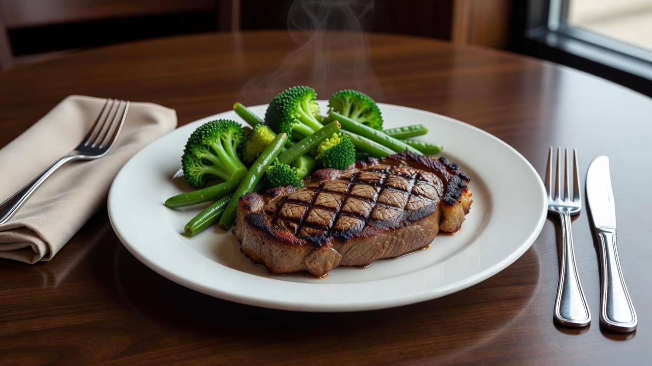A perfectly seared sirloin steak rests on a crisp white plate alongside vibrant steamed broccoli florets and green beans. The professional setting features soft lighting that highlights the juicy meat texture.