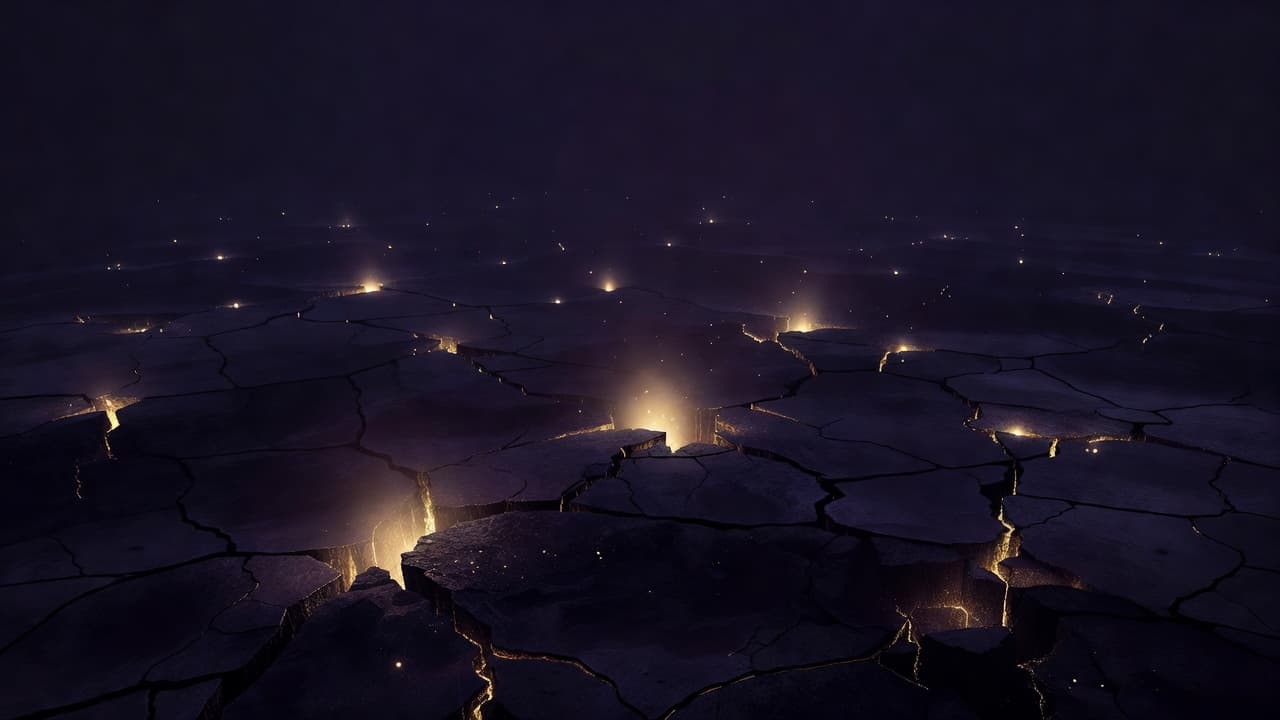 Deep purple and indigo shadows blanket a textured floor surface. Thin, organic fissures fracture the dark ground, releasing a warm, ethereal golden glow that highlights the mysterious, quiet, and surreal atmosphere.
