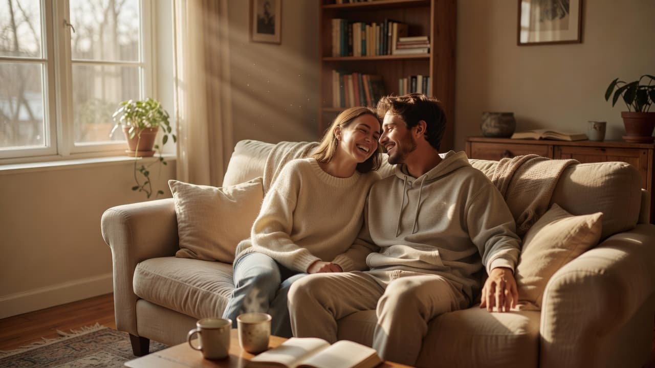 Two individuals sit close together on a comfortable sofa in a sun-drenched living room. They lean toward each other with soft expressions, captured in a warm, intimate, and harmonious atmosphere.