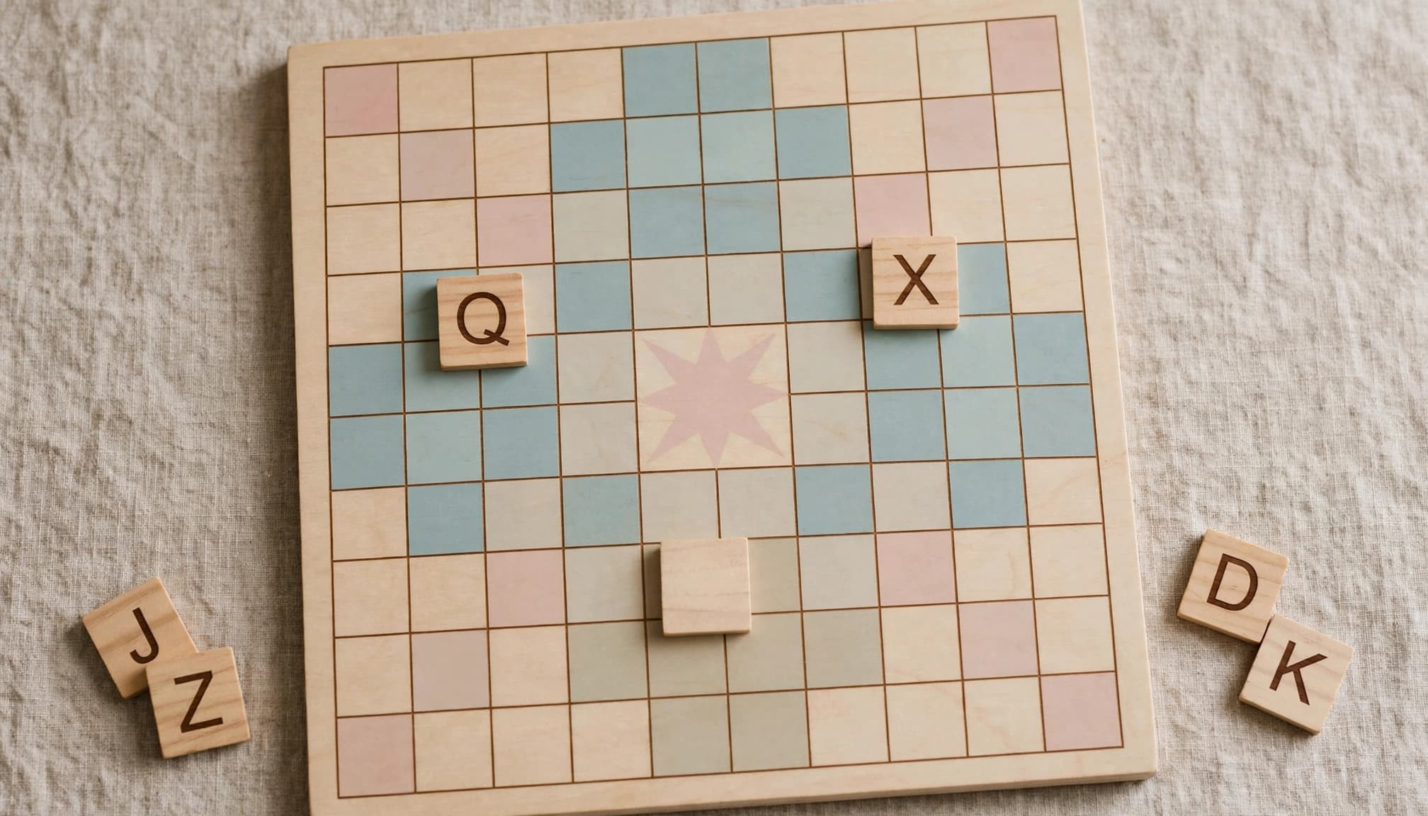 Houten woordspelbord met een blanco tegel en tegels met hoge letterwaarden op een neutraal tafelblad.