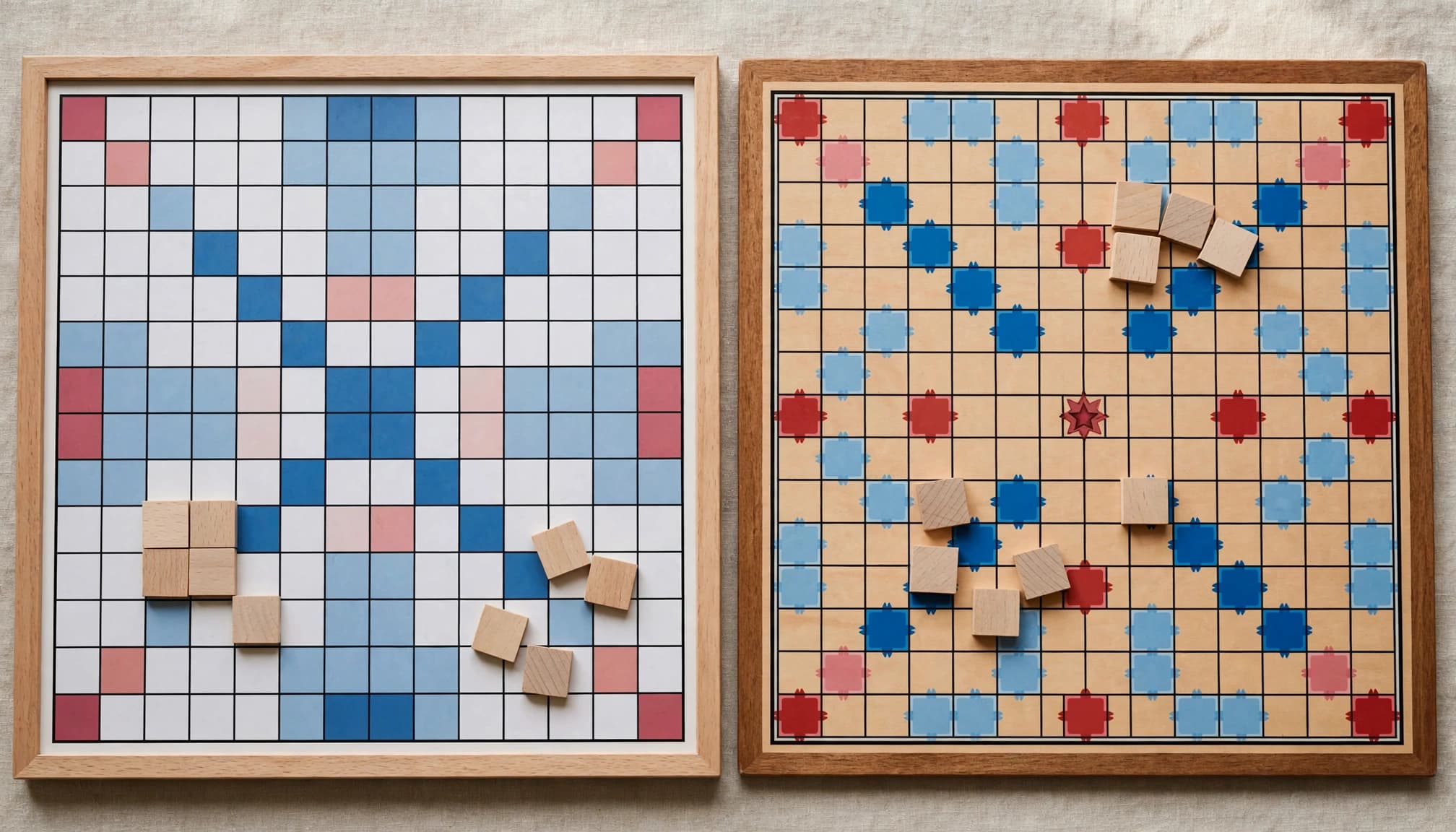 Twee houten woordspelborden naast elkaar met lettertegels en gekleurde bonusvakken.