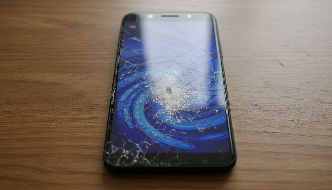 Close-up of a cracked Google Pixel phone screen on a table displaying spiderweb cracks, phone still functional, natural indoor lighting, high detail on glass damage.