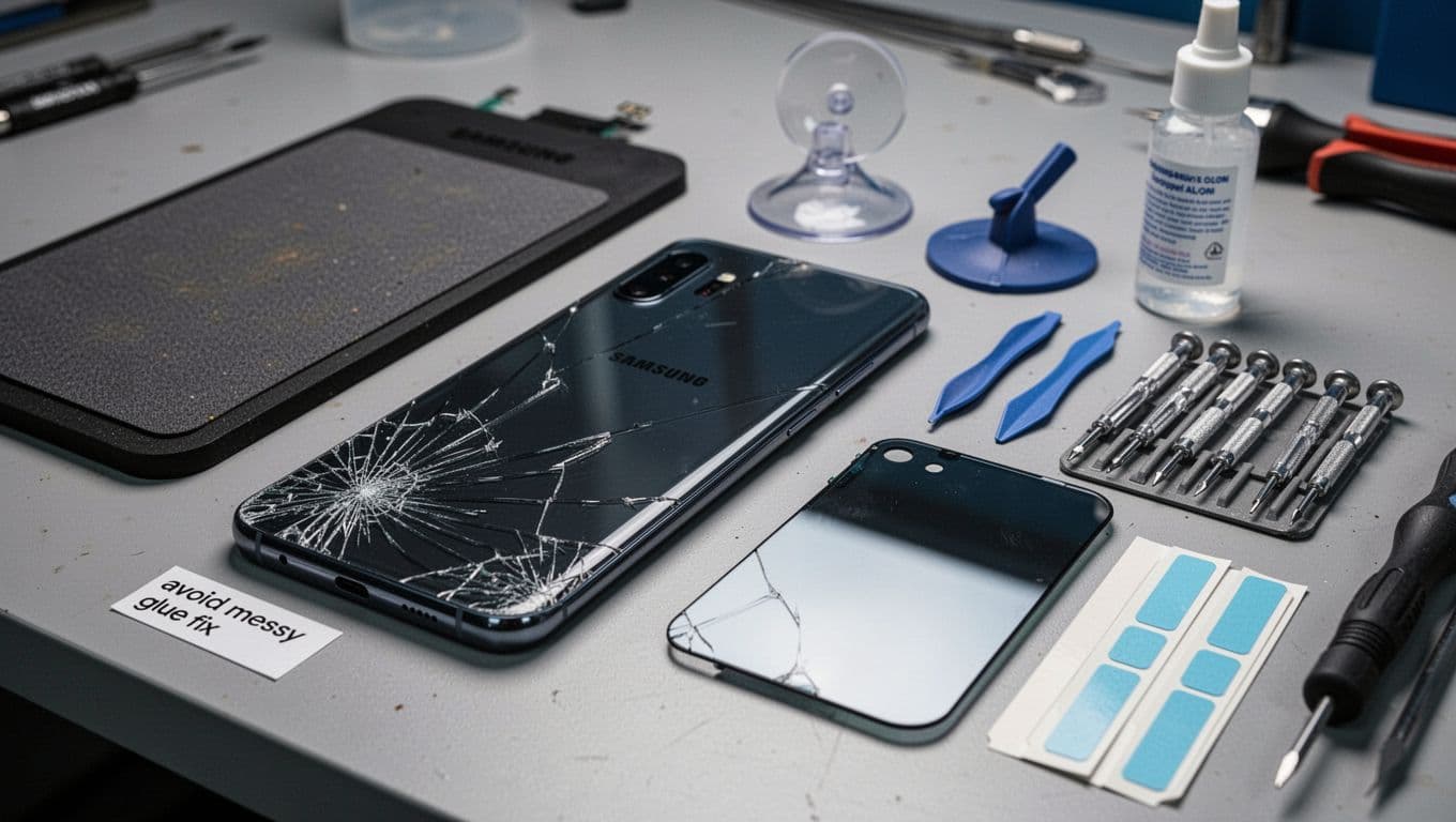 A realistic close-up photo of a modern Samsung Galaxy smartphone with a cracked back glass on a neutral workbench, accompanied by neatly arranged professional repair tools including a replacement back panel, heat mat, suction cup, and isopropyl alcohol bottle. A warning label reads 'avoid messy glue fix' amid soft studio lighting and shallow depth of field.