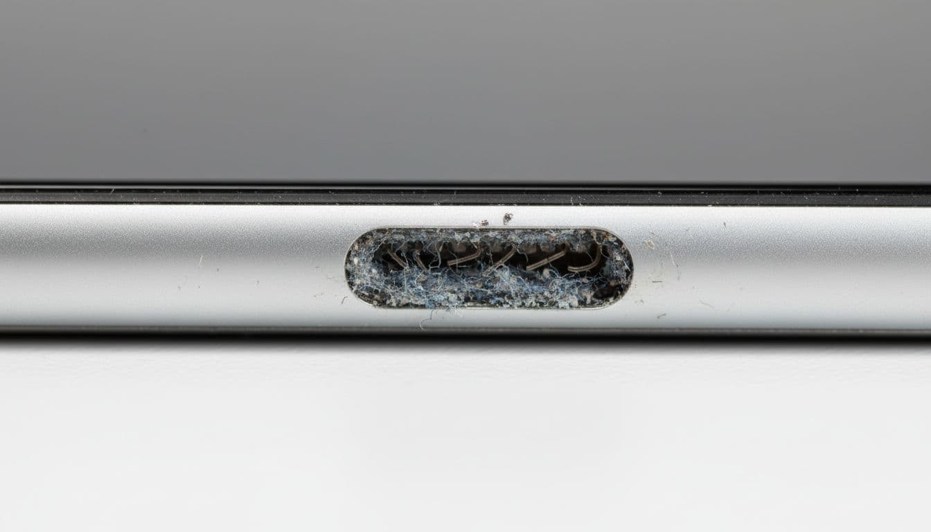 Close-up macro shot of a damaged iPhone Lightning charging port filled with lint and pocket debris, bent metal pins visible on a white workbench under bright even lighting.