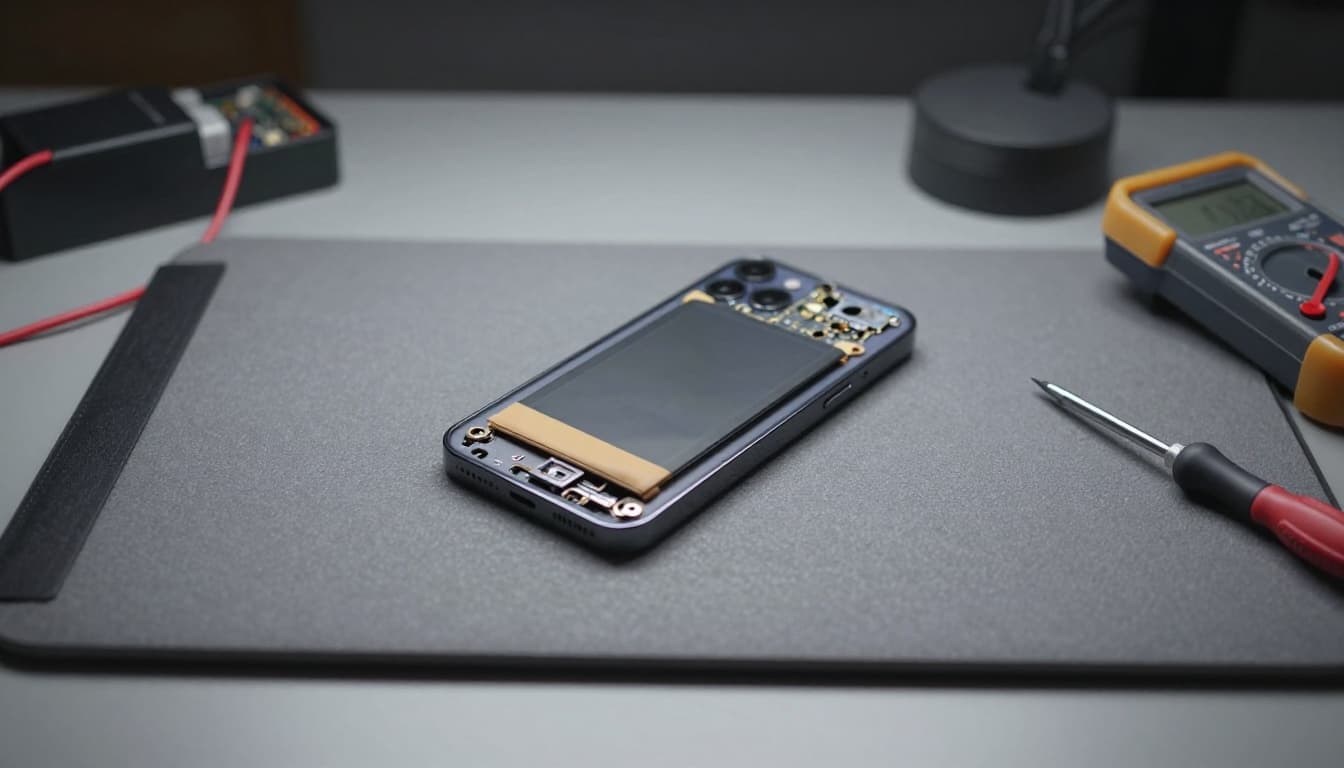 Clean, realistic photo of a professional UK phone repair technician's workbench featuring a disassembled iPhone 14 or 15 with battery partially removed, revealing thermal paste underneath, logic board visible, and diagnostic tools like multimeter and screwdriver on an anti-static mat under soft LED lighting.