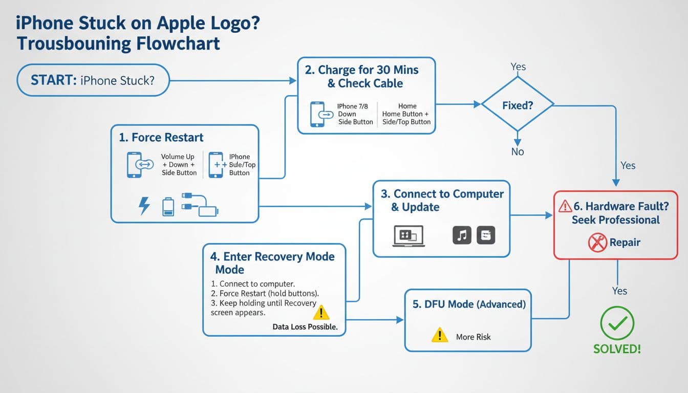 Clean, modern high-resolution technical infographic in flat vector style showing a step-by-step flowchart for fixing iPhone stuck on Apple logo, including force restart, charging, recovery mode, DFU mode, and professional repair advice.