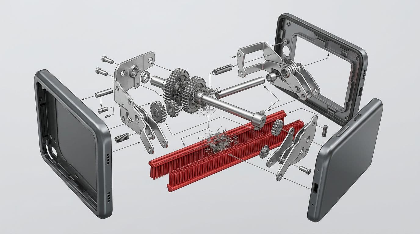 High-resolution realistic 3D exploded diagram render of a generic foldable smartphone hinge and brush mechanism, showing common blockage points like dust and debris with color-coded parts on a neutral background.