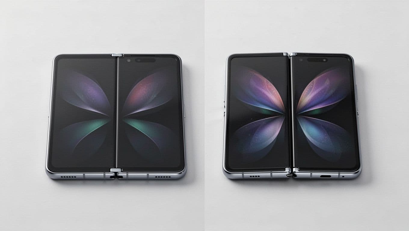 High-resolution realistic 3D render of two generic modern foldable smartphones side-by-side on a neutral background: left one closes perfectly flat with no gap, right one shows a visible small gap at the hinge.