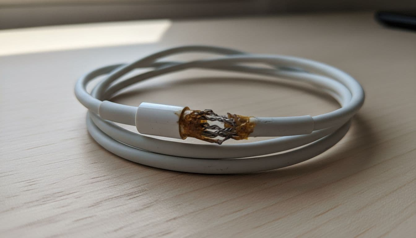 Close-up of a frayed white Apple USB-C charging cable bent at the connector, showing visible heat damage and slight melting on insulation, coiled on a light wooden desk.