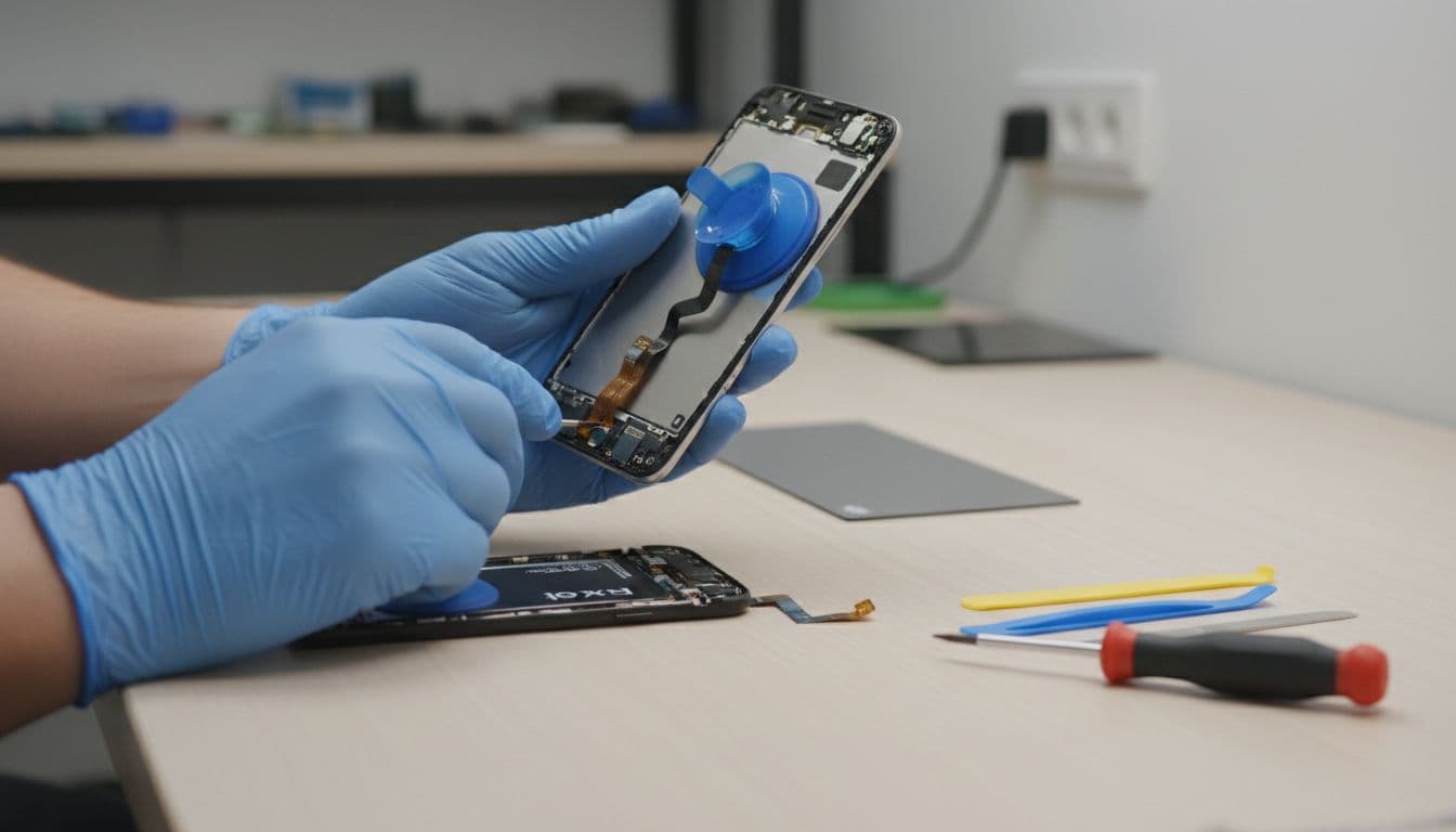 A technician in a bright workshop carefully replaces the screen on a Google Pixel smartphone using tools like a screwdriver and suction cup. Close-up composition focuses on the hands and phone in a professional style with clean lighting.