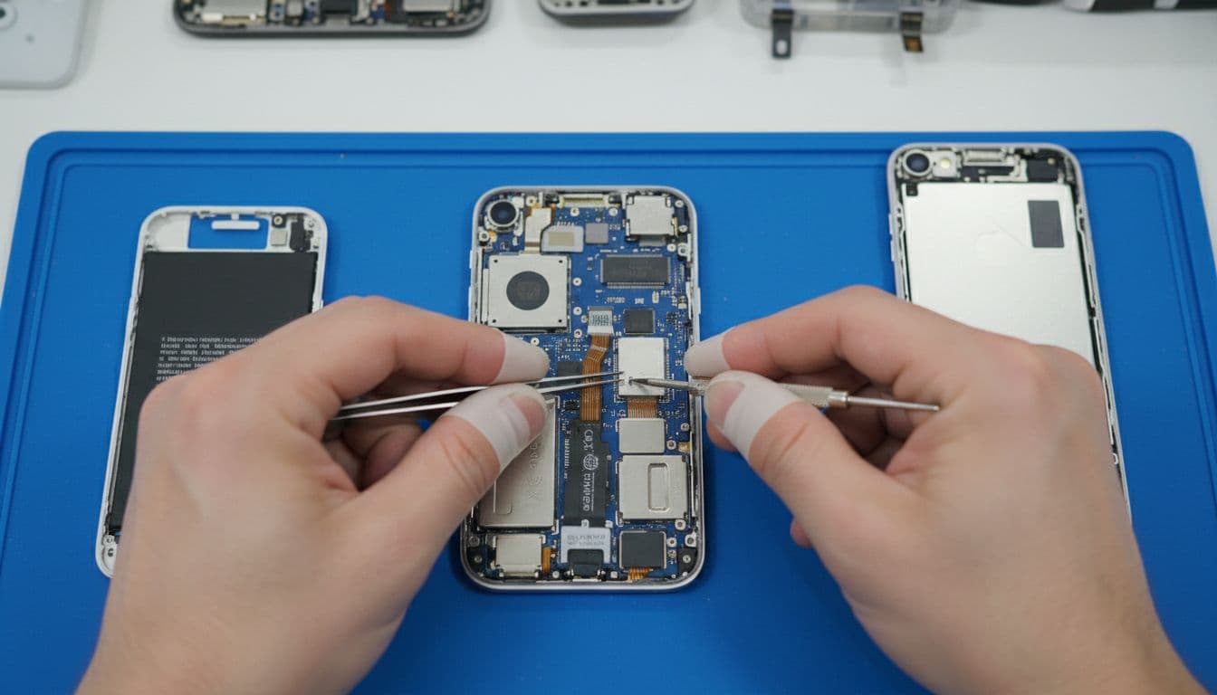 Skilled technician's hands using precision tools to replace the charging port flex cable inside a disassembled iPhone on an anti-static mat in a bright workshop, focused on the port area with natural overhead lighting.