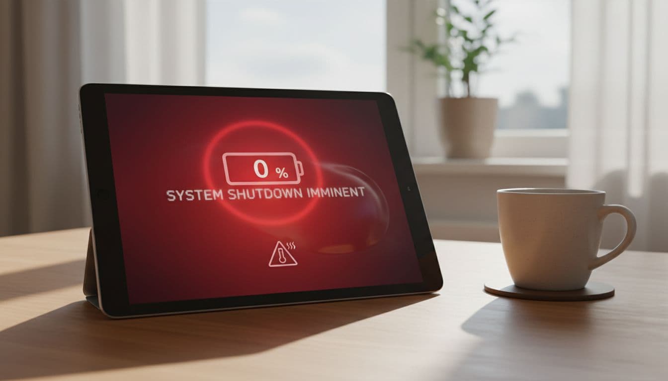 iPad tablet on a desk exhibiting battery issues: red low battery icon, back case swelling, overheating symbol, and fading shutdown message, with a coffee mug nearby in soft indoor lighting.