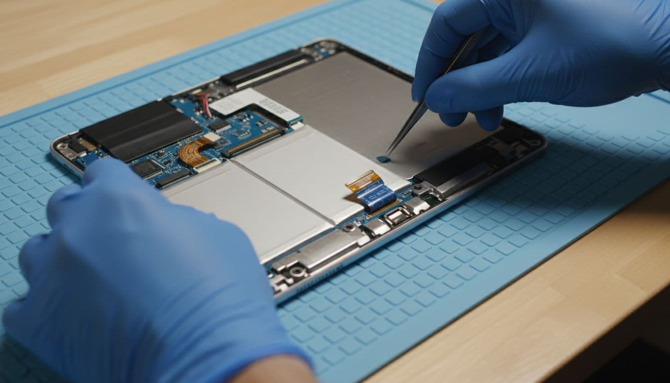 Technician's gloved hands performing precise battery replacement on a disassembled iPad atop a clean workshop bench with anti-static mat and focused lighting.