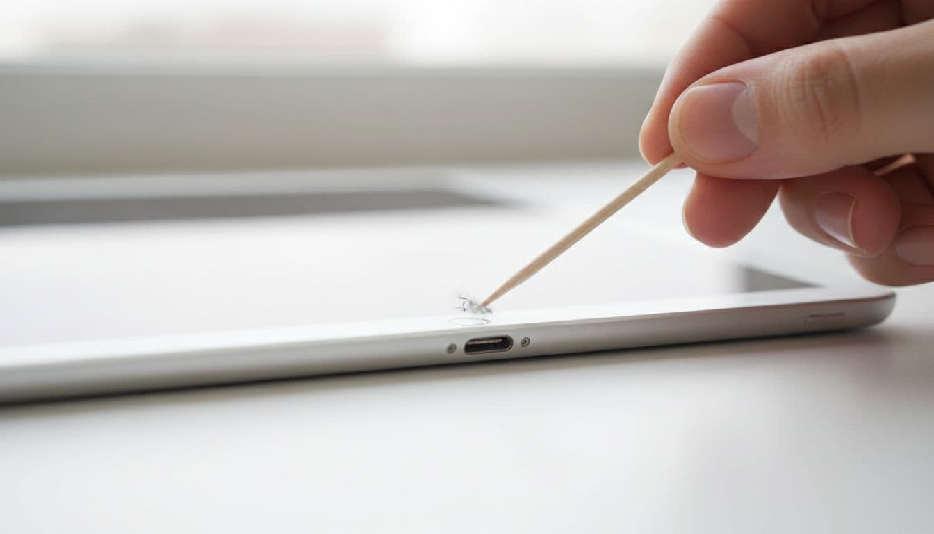 Close-up of a hand gently using a wooden toothpick to remove lint from an iPad's Lightning charging port on a white surface in bright natural light.