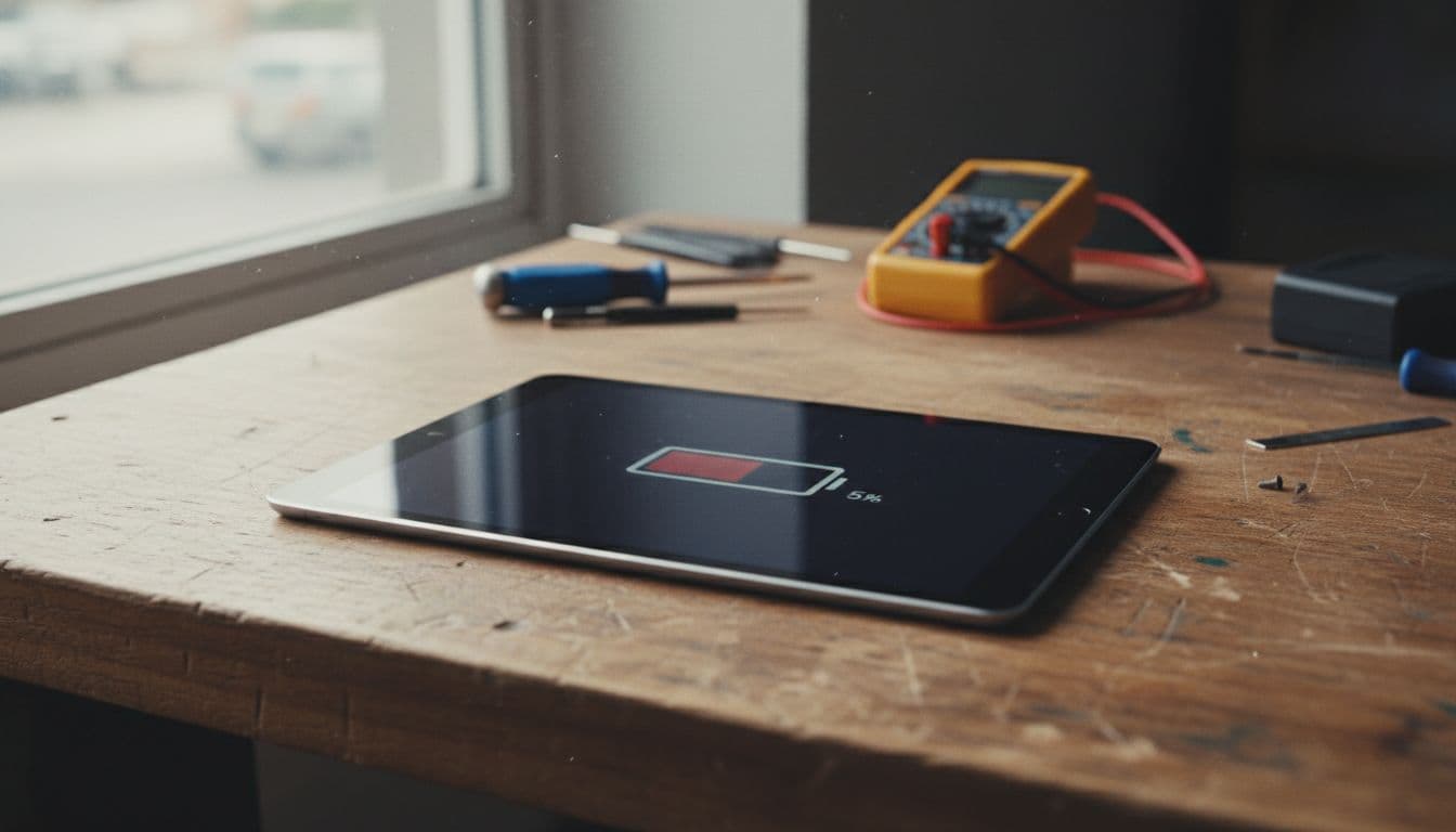 iPad tablet on a wooden workbench in a UK repair shop, screen showing low battery percentage blurred in background, scattered tools like screwdriver and multimeter nearby, soft natural daylight from window, realistic photography style.