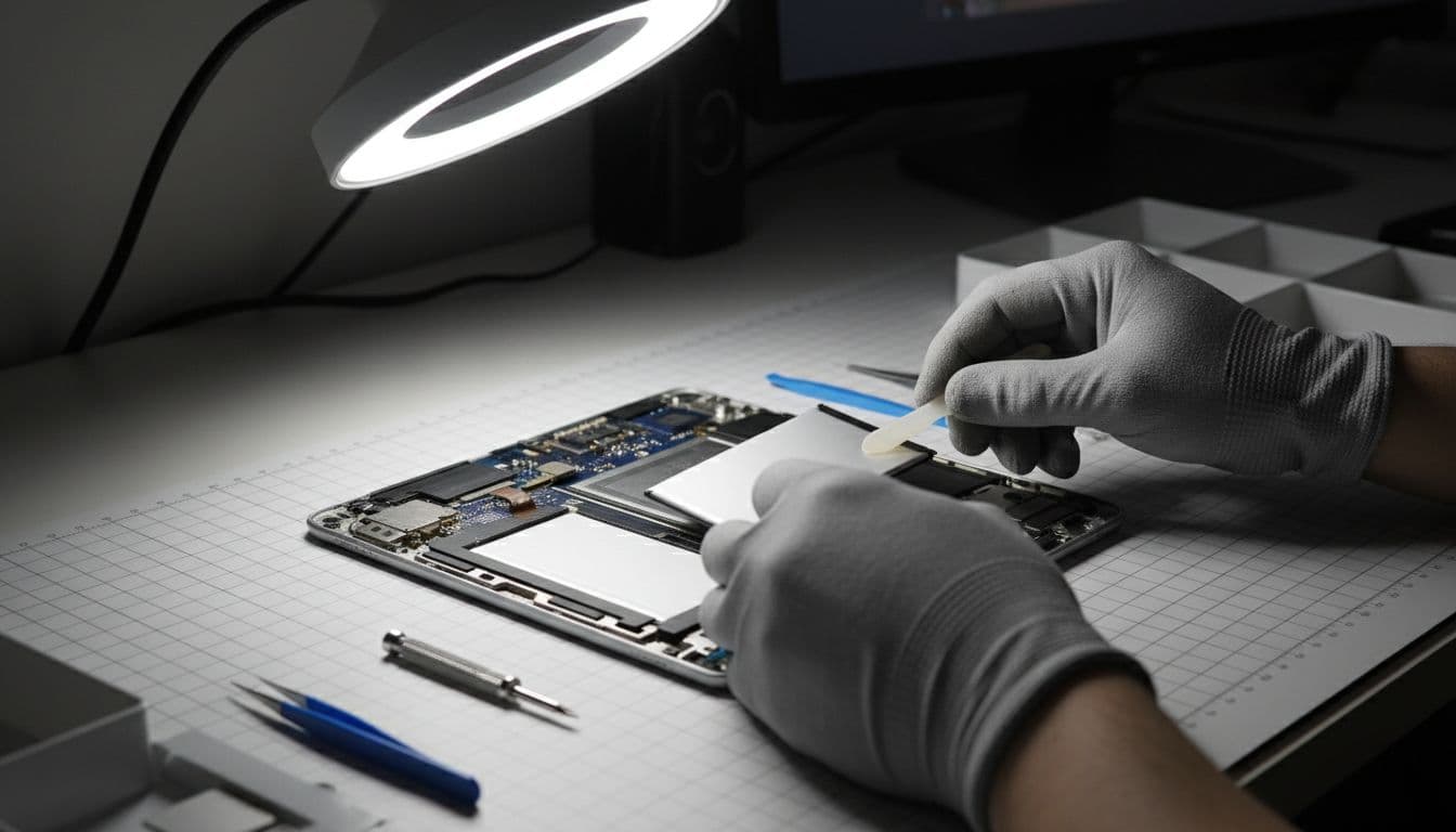 Clean electronics workshop bench featuring disassembled iPad Pro with technician's gloved hands installing a new lithium-ion battery, precision tools nearby under bright lighting.