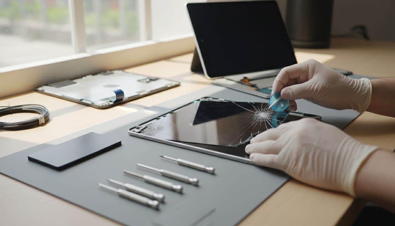 Close-up of a technician's hands carefully replacing a cracked iPad screen in a bright workshop setting, with tools like screwdrivers and suction cups on a clean mat.