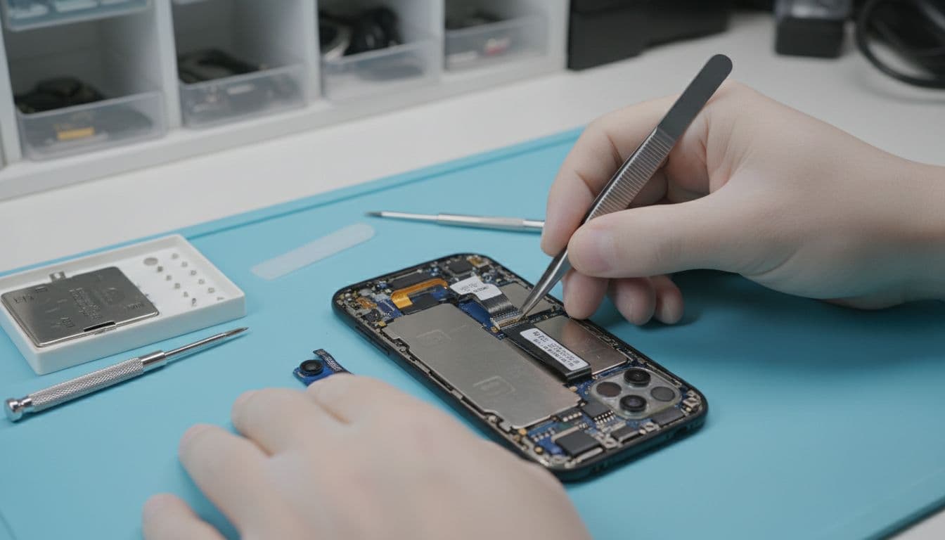 Close-up of a professional technician's hands carefully reseating the front camera connector on a disassembled iPhone 14 in a bright workshop, with tools like screwdriver and spudger on an anti-static mat.