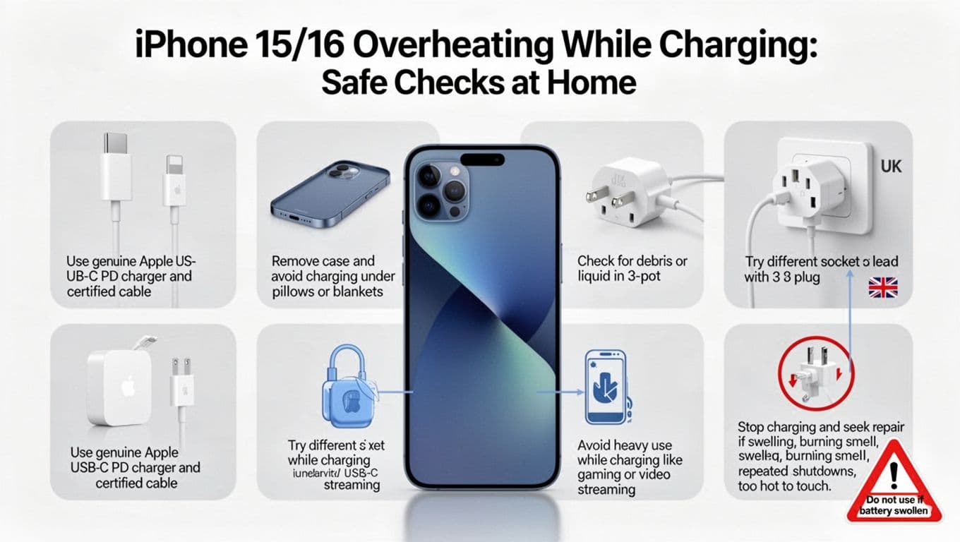 Clean UK-focused smartphone safety infographic with 6 labeled panels showing simple icons and captions for safe charging checks on iPhone 15/16, including genuine charger use, case removal, port cleaning, UK socket test, avoiding heavy use, and warning signs.