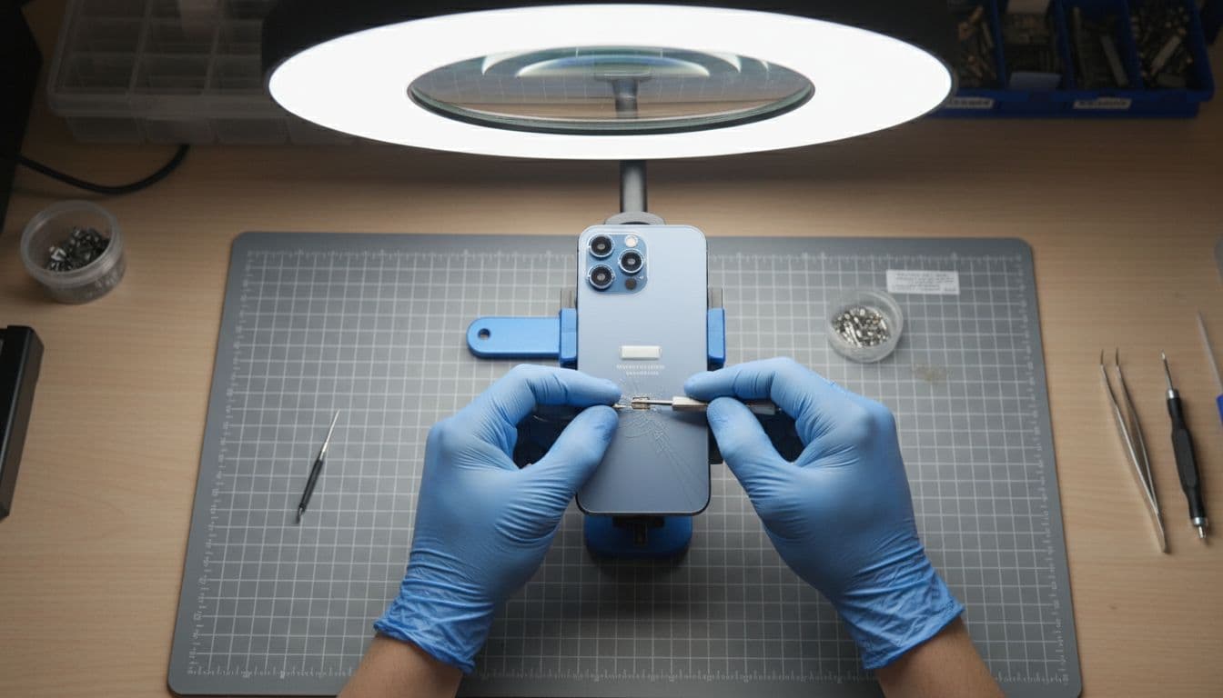 Professional technician's hands meticulously repairing the iPhone 15 charging port in a clean workshop on an anti-static mat, with precision tools nearby under bright lighting.