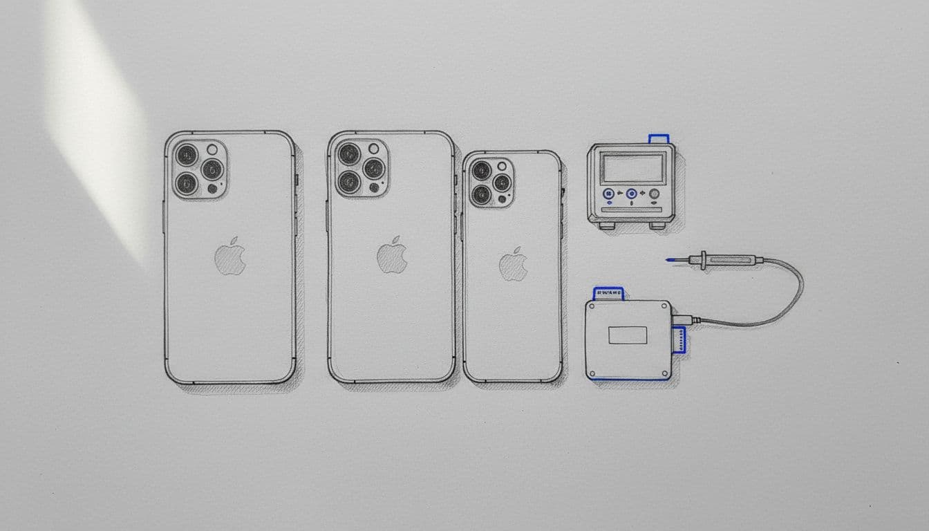 Top-down view of a clean refurbishment workbench with iPhone 15 on the left and iPhone 15 Plus on the right, screens off, surrounded by testing equipment like battery tester and screen checker. Hand-drawn graphite sketch style on light gray paper with natural lighting and minimal blue highlights.