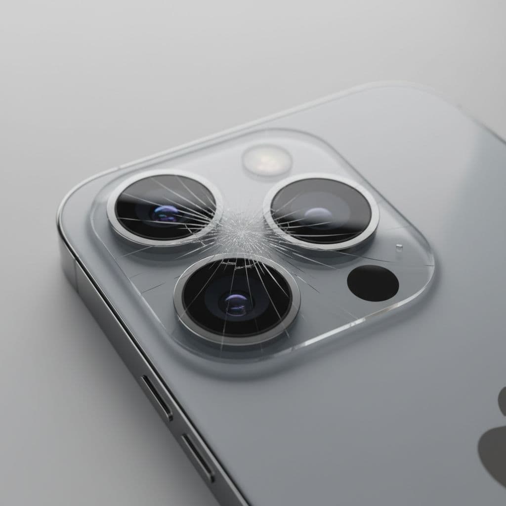 Close-up high-resolution image of a modern iPhone 15-like rear camera module featuring mildly cracked protective glass over the lenses, with fine superficial cracks that keep photos usable and no lens damage.