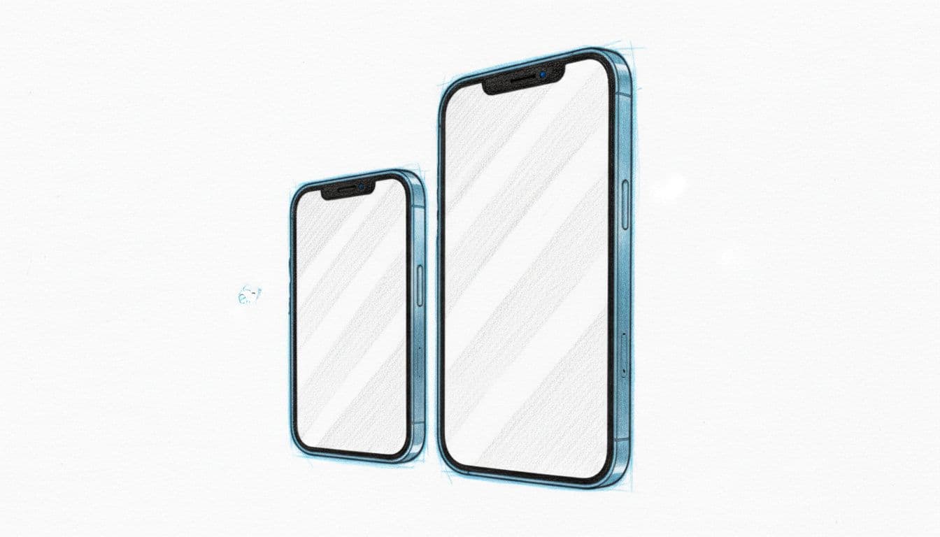 Side-by-side hand-drawn sketch of iPhone 15 (left, 6.1-inch) and iPhone 15 Plus (right, 6.7-inch) in natural blue finish, angled to show profile and highlight size differences.